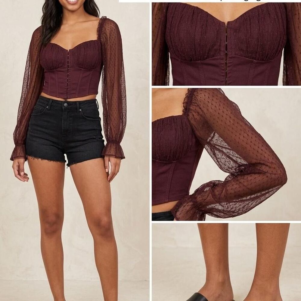 Windsor Women's Burgundy Crop Top with Sheer Sleeves